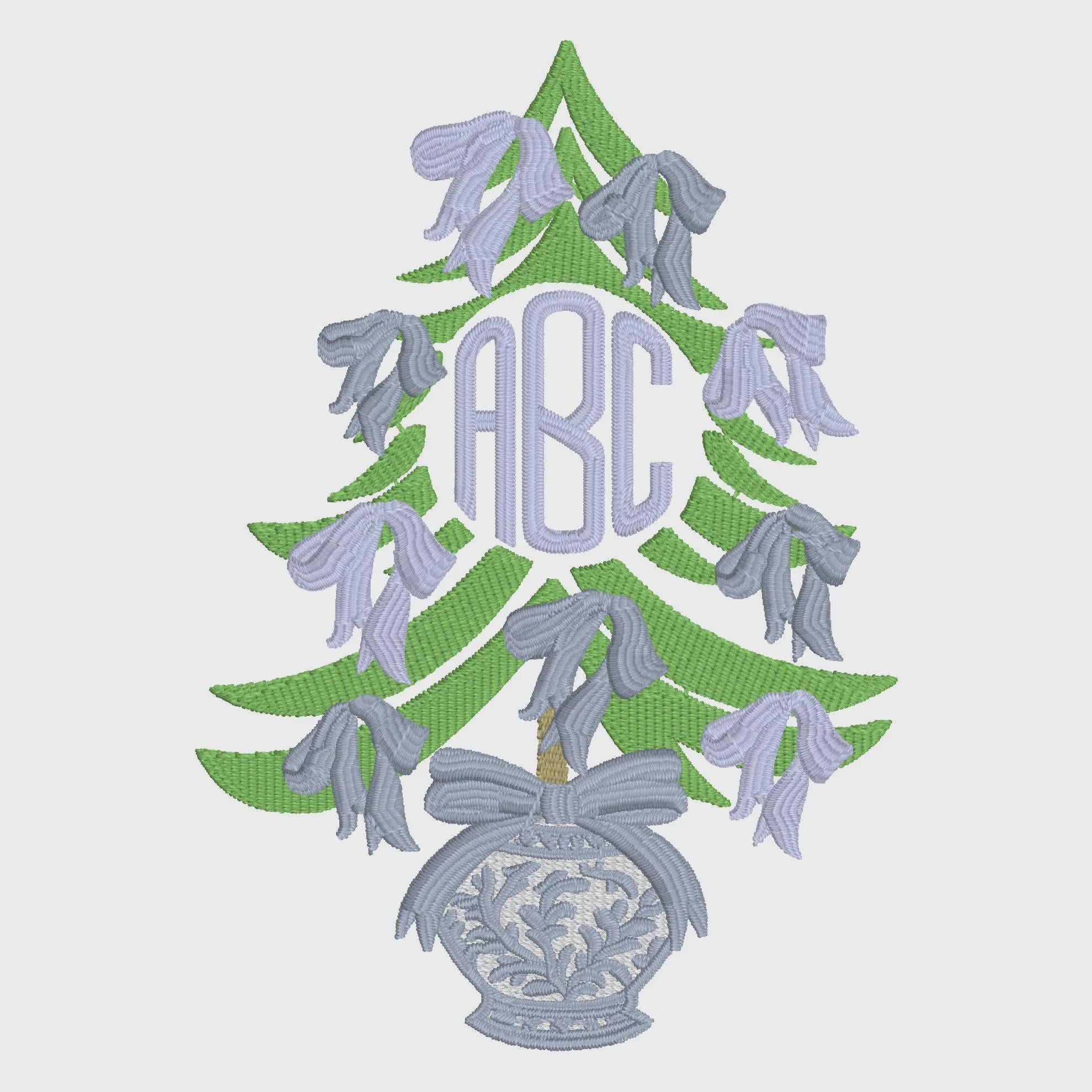 2 Sizes Chinoiserie Christmas Tree Embroidery Design: Bows Monogram Frame (Instant Download)
