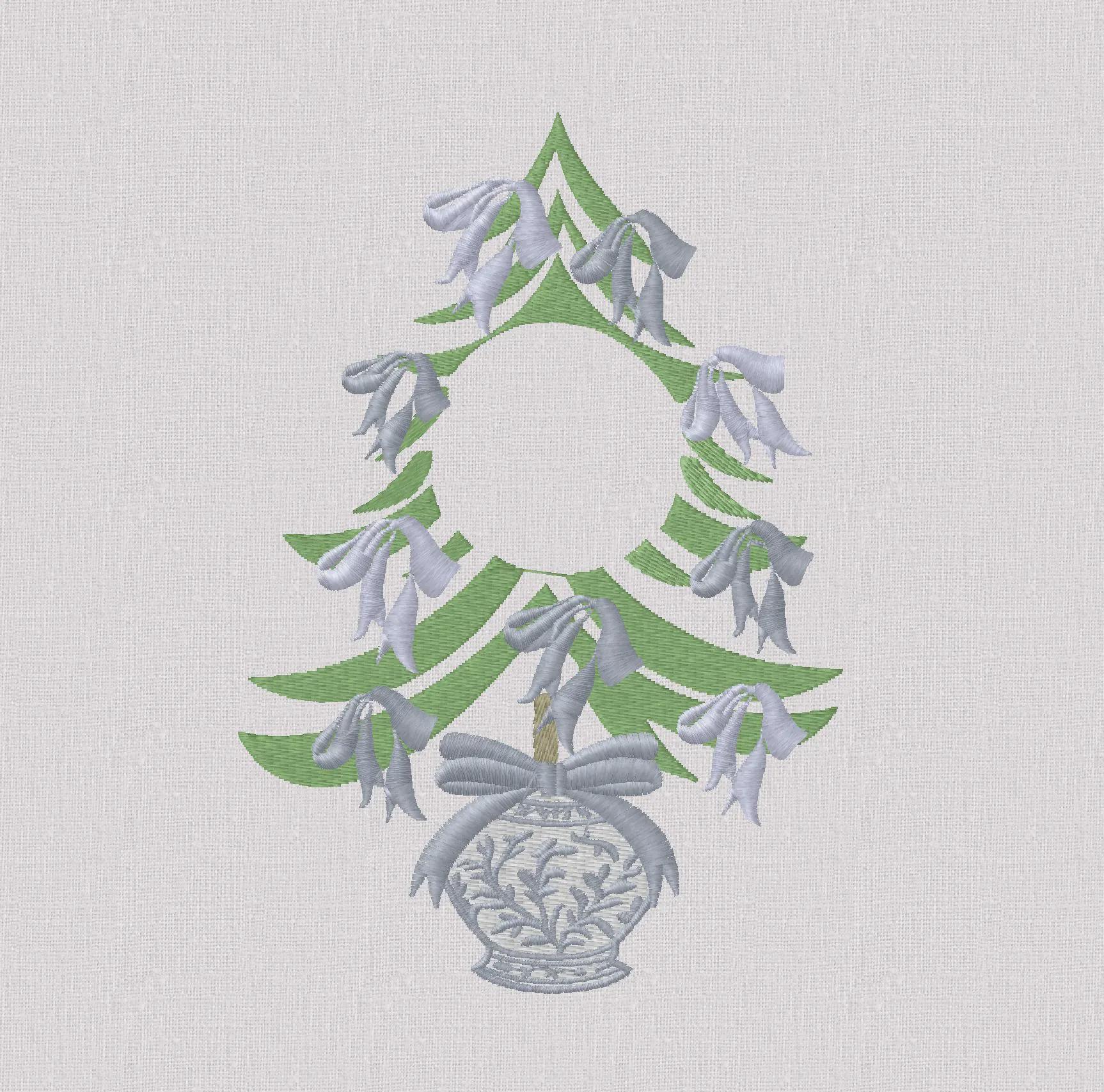 Chinoiserie Christmas Tree Embroidery Design: Bows Monogram Frame (7 inch, 10 Formats, Instant Download)