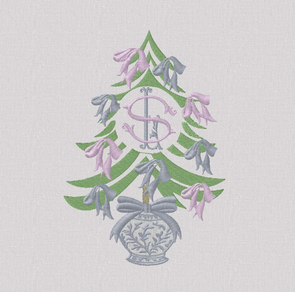 Chinoiserie Christmas Tree Embroidery Design: Bows Monogram Frame (7 inch, 10 Formats, Instant Download)