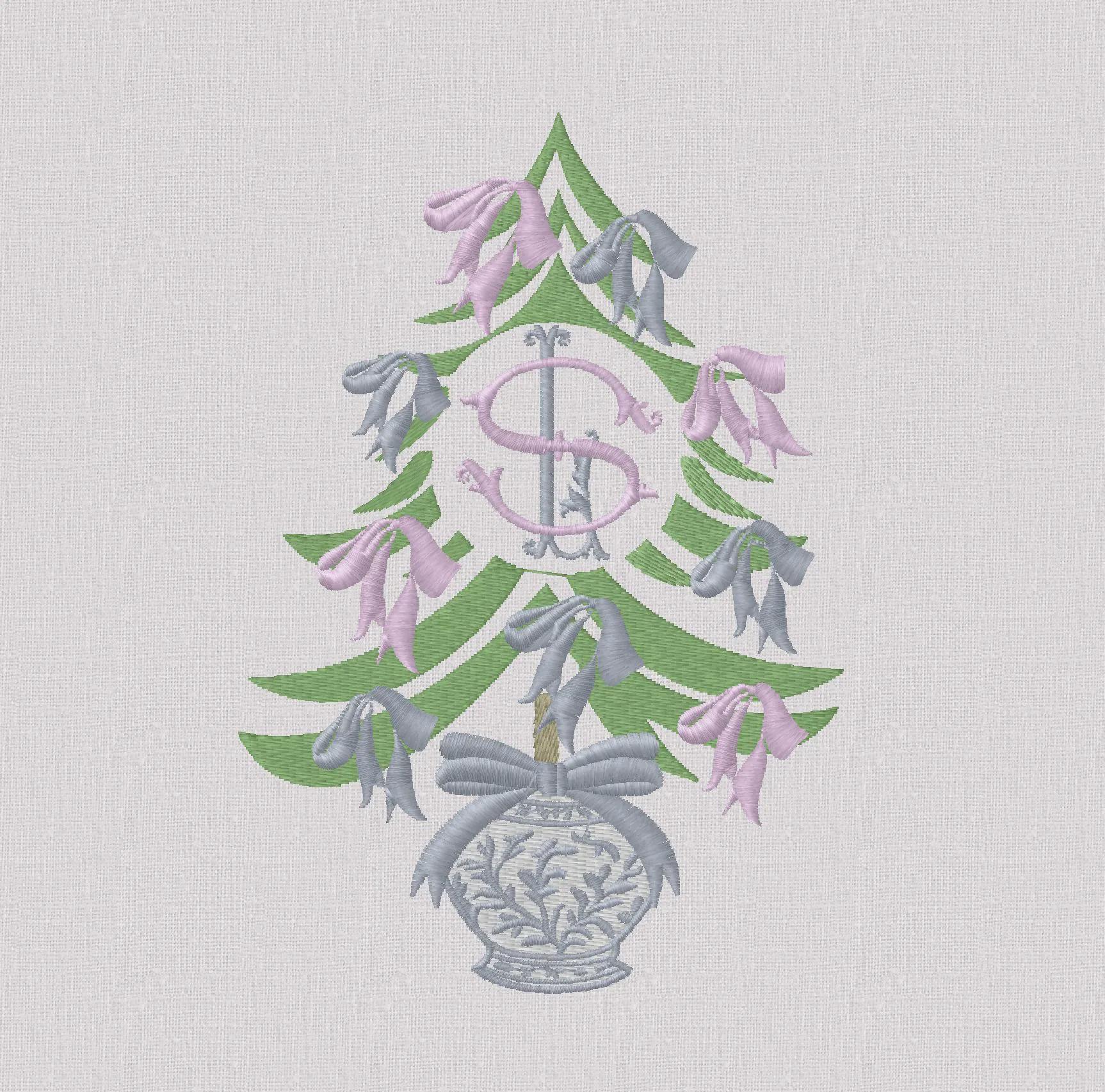 Chinoiserie Christmas Tree Embroidery Design: Bows Monogram Frame (7 inch, 10 Formats, Instant Download)
