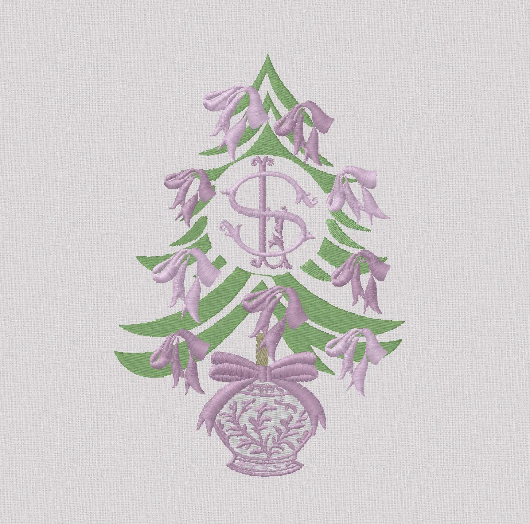 2 Sizes Chinoiserie Christmas Tree Embroidery Design: Bows Monogram Frame (Instant Download)