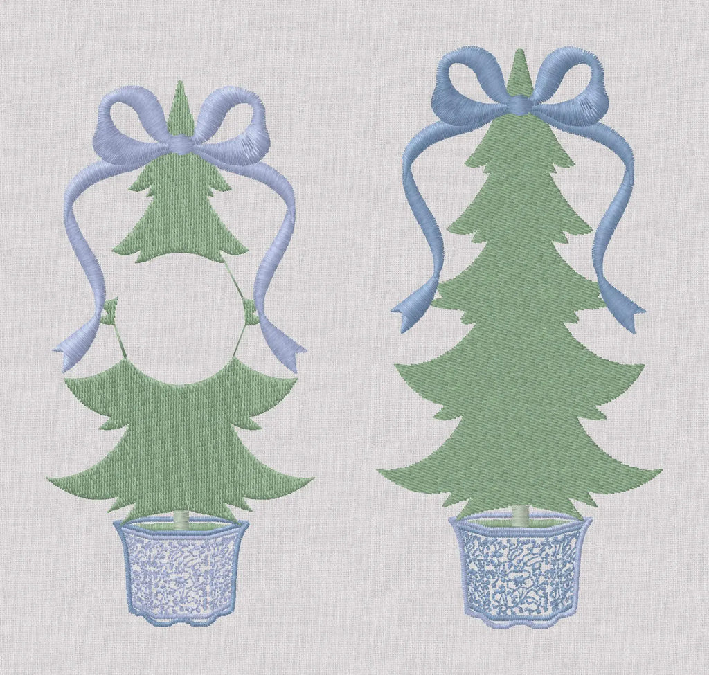 Grandmillennial Chinoiserie Coquette Bow Topped Christmas Trees Monogram Frame 2 Embroidery Designs