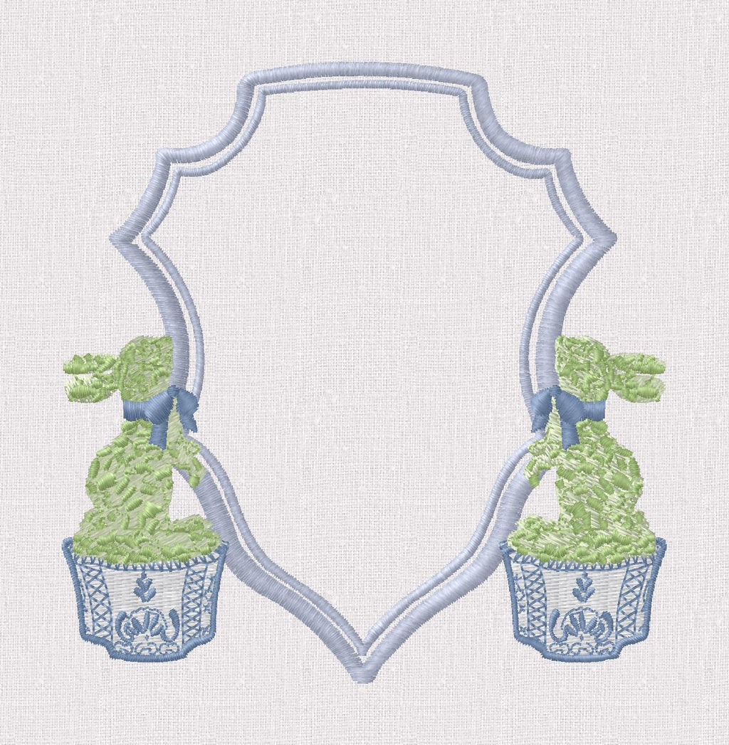Chinoiserie Bunny Topiary Crest Embroidery File: Fits 4x4 Hoop, 9 Stitch Files