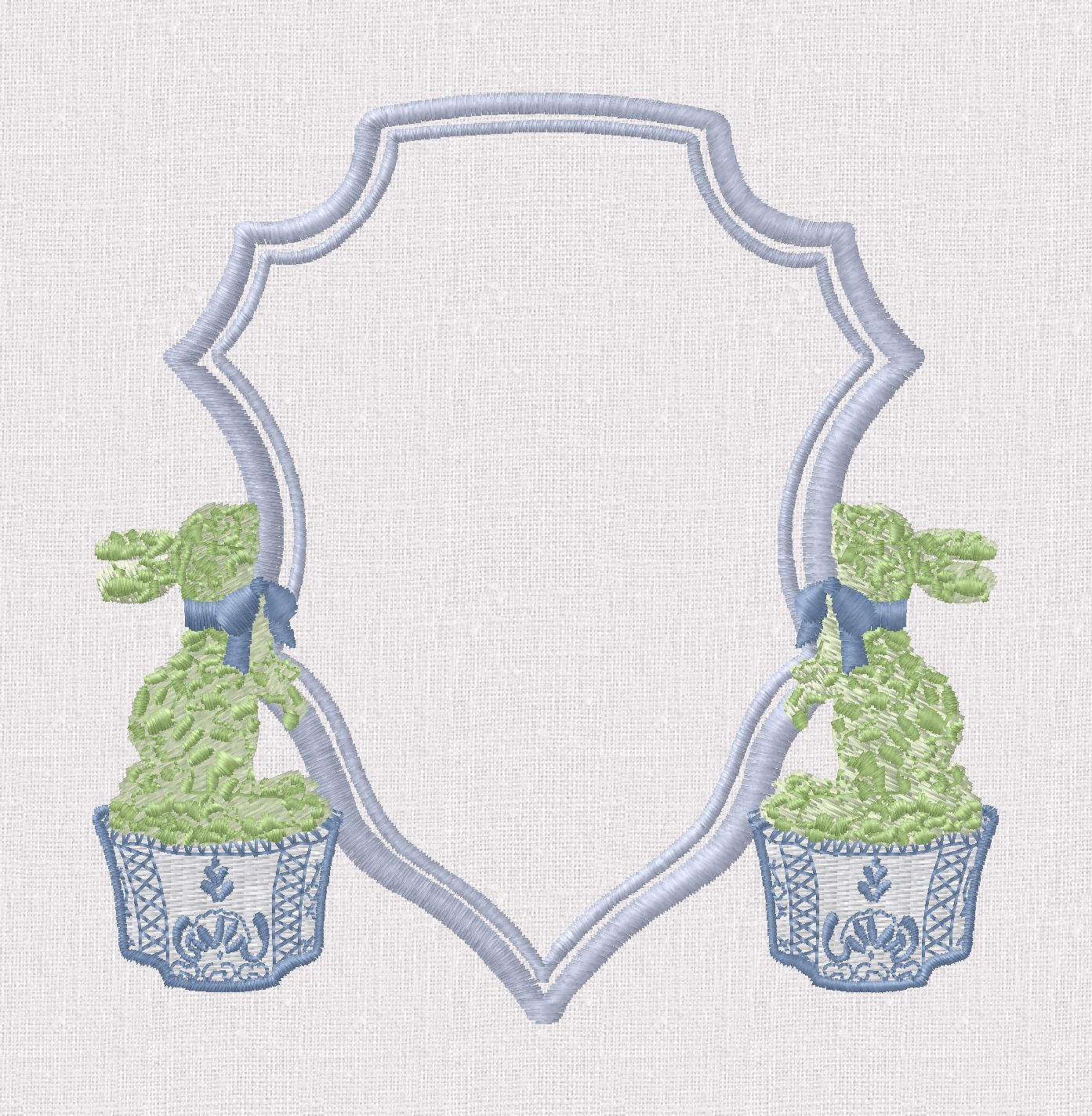 Chinoiserie Bunny Topiary Crest Embroidery File: Fits 4x4 Hoop, 9 Stitch Files