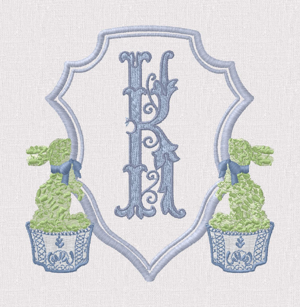 Chinoiserie Bunny Topiary Crest Embroidery File: Fits 4x4 Hoop, 9 Stitch Files