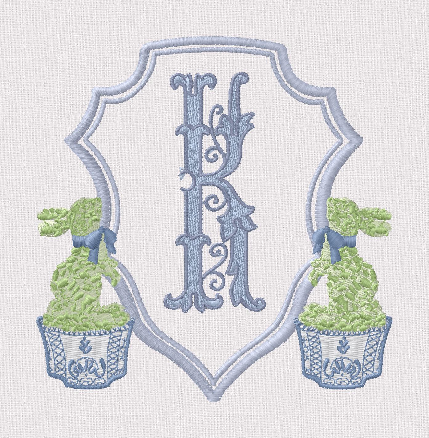 Chinoiserie Bunny Topiary Crest Embroidery File: Fits 4x4 Hoop, 9 Stitch Files
