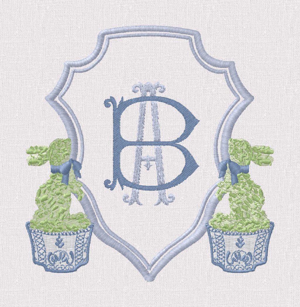 Chinoiserie Bunny Topiary Crest Embroidery File: Fits 4x4 Hoop, 9 Stitch Files