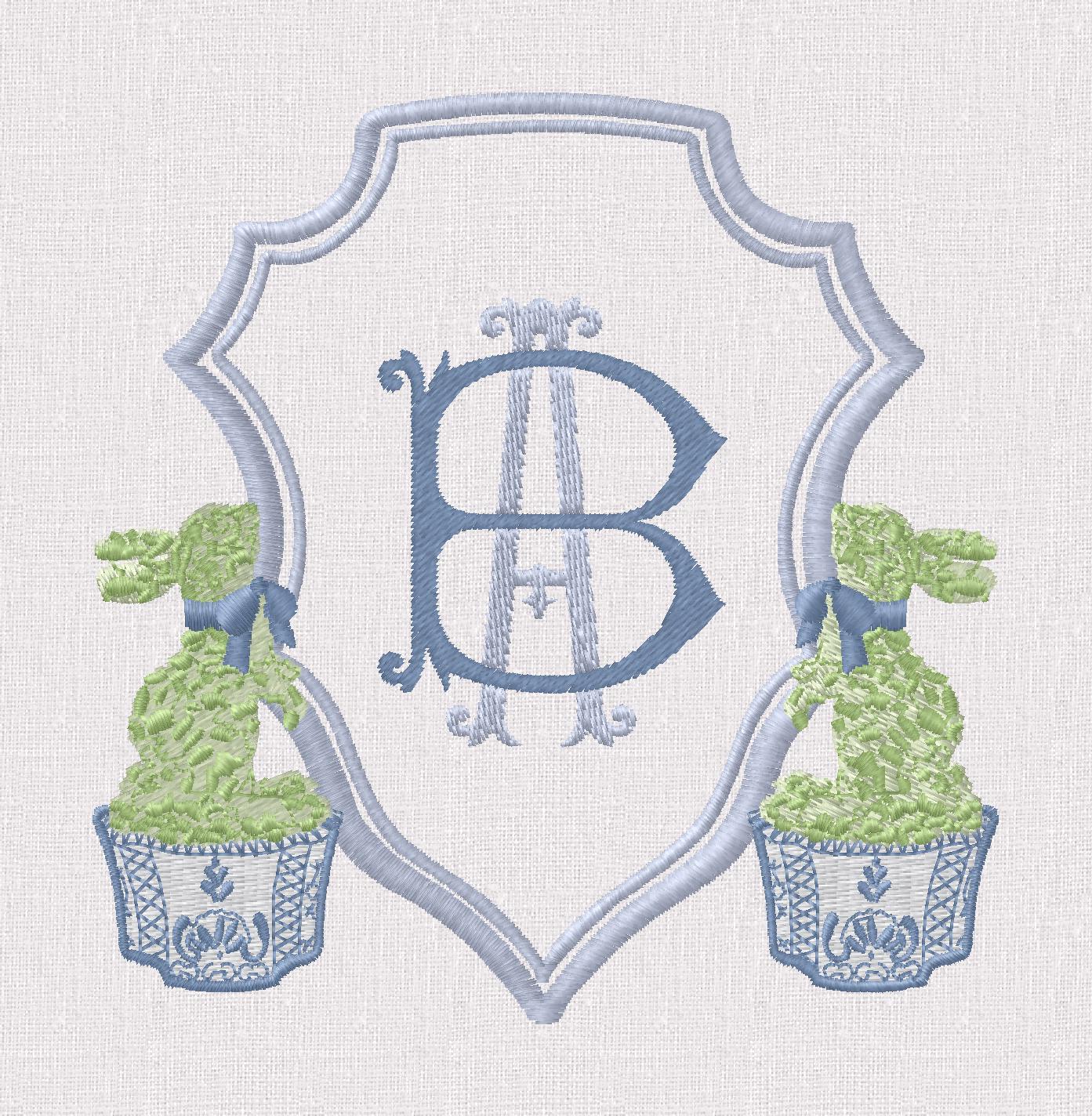 Chinoiserie Bunny Topiary Crest Embroidery File: Fits 4x4 Hoop, 9 Stitch Files