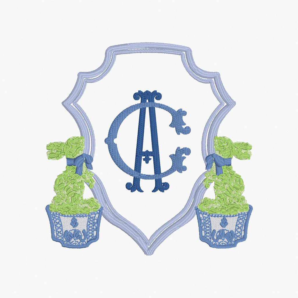 Chinoiserie Bunny Topiary Crest Embroidery File: Fits 4x4 Hoop, 9 Stitch Files