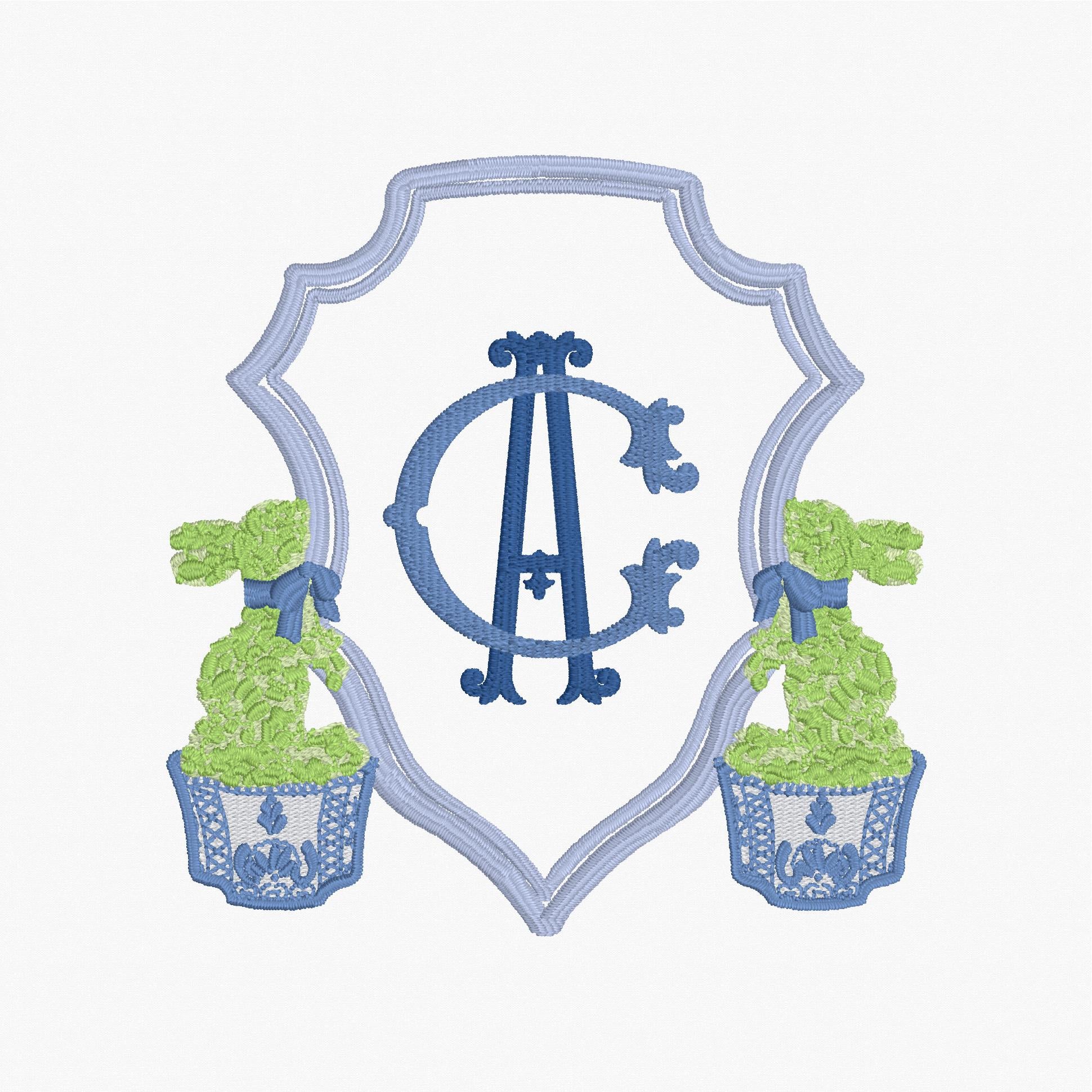 Chinoiserie Bunny Topiary Crest Embroidery File: Fits 4x4 Hoop, 9 Stitch Files