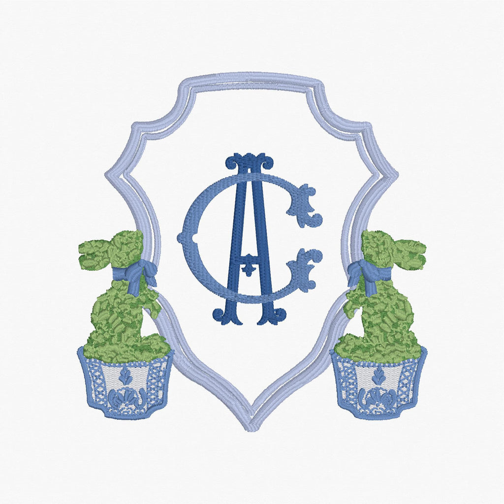 Chinoiserie Bunny Topiary Crest Embroidery File: Fits 4x4 Hoop, 9 Stitch Files