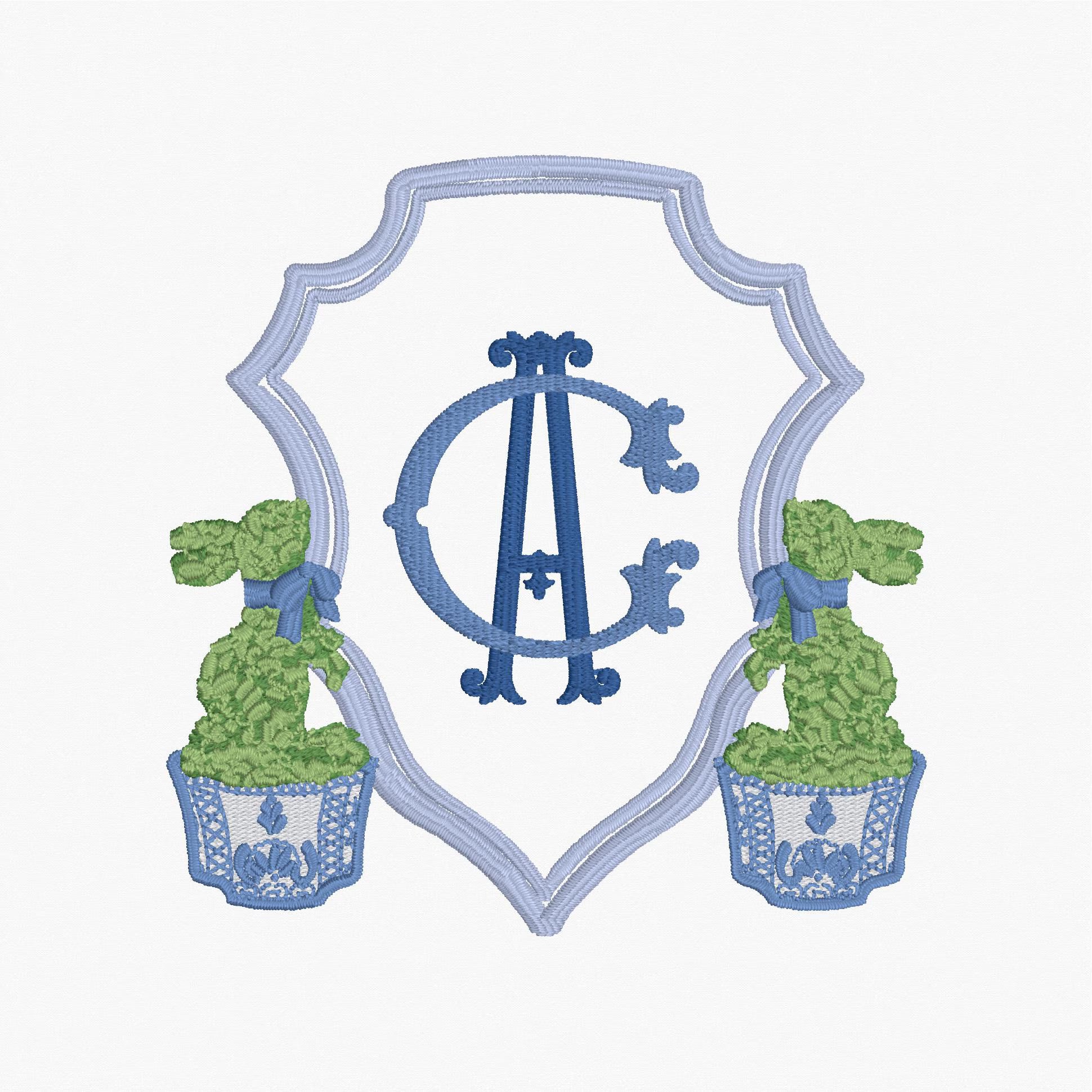 Chinoiserie Bunny Topiary Crest Embroidery File: Fits 4x4 Hoop, 9 Stitch Files