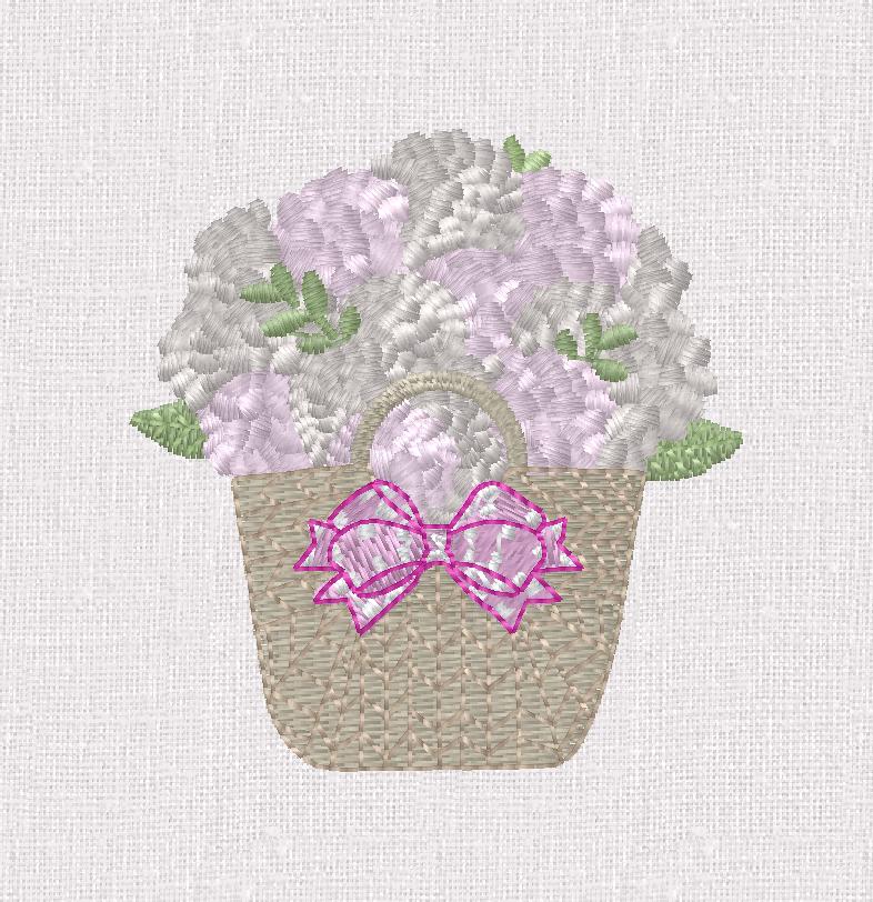 Hydrangea Basket Embroidery Design: 2 inch Grandmillennial Stitch File (10 File Formats)