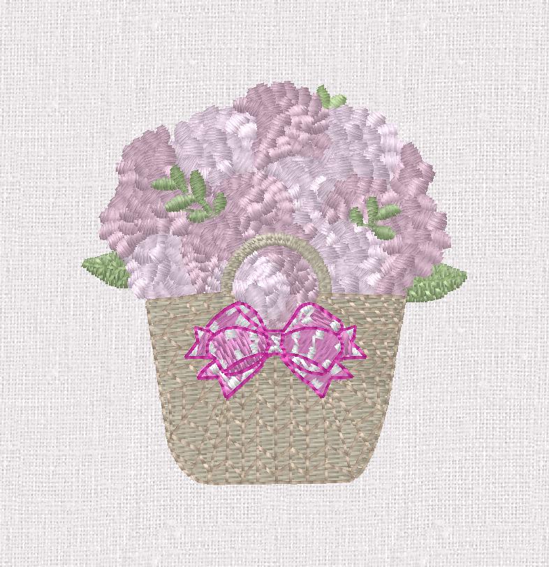 Hydrangea Basket Embroidery Design: 2 inch Grandmillennial Stitch File (10 File Formats)