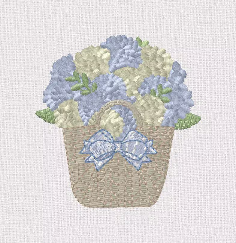 Hydrangea Basket Embroidery Design: 2 inch Grandmillennial Stitch File (10 File Formats)