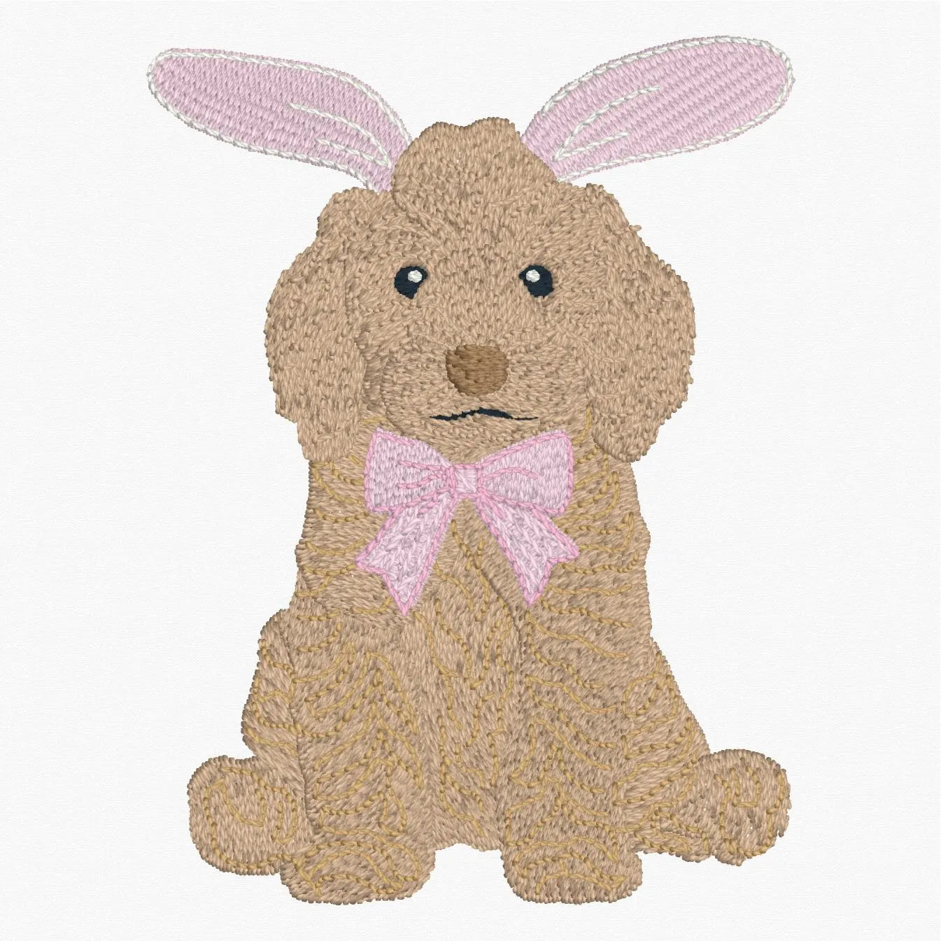 Easter Golden Doodle Embroidery Design: 9 Stitch Files, Puppy Dog with Bunny Ears and Bow