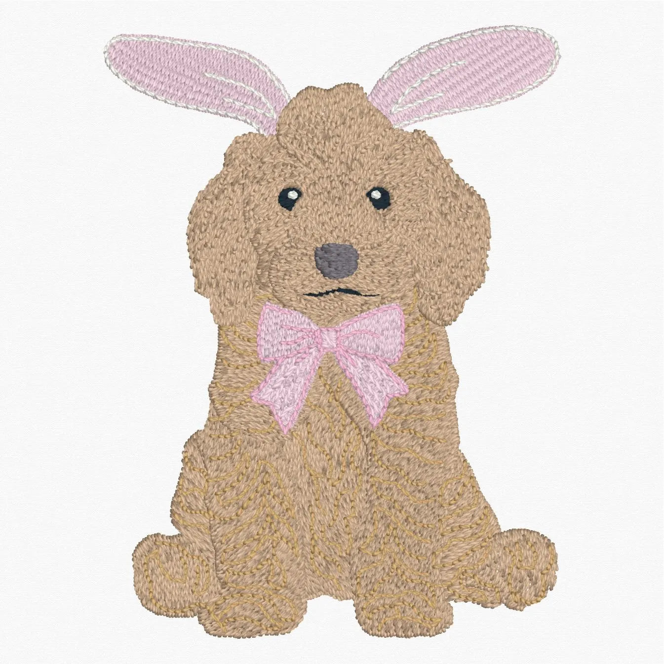 Easter Golden Doodle Embroidery Design: 9 Stitch Files, Puppy Dog with Bunny Ears and Bow