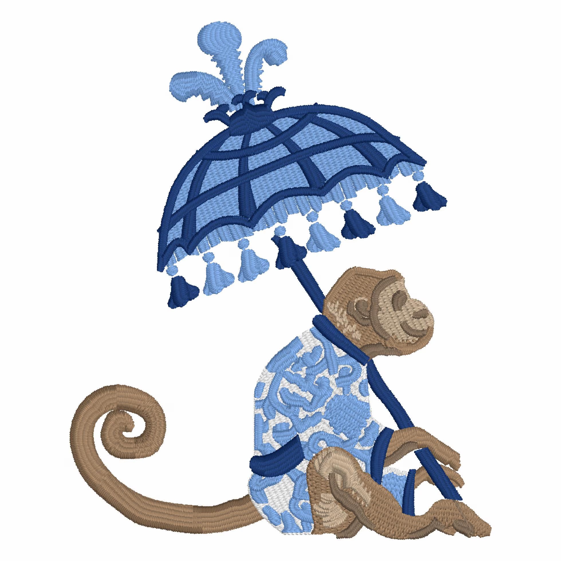 Chinoiserie Monkey Embroidery Design: Parasol Umbrella (9 Formats - Instant Download)