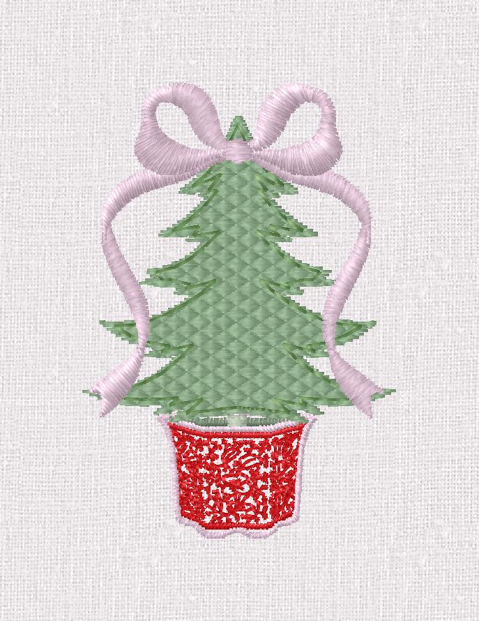 Grandmillennial Quilted Fill Stitch Chinoiserie Coquette Bow Topped Christmas Trees 2 Sizes Embroidery Design