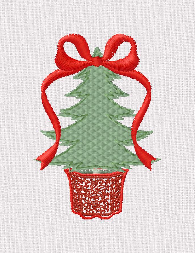 Grandmillennial Quilted Fill Stitch Chinoiserie Coquette Bow Topped Christmas Trees 2 Sizes Embroidery Design