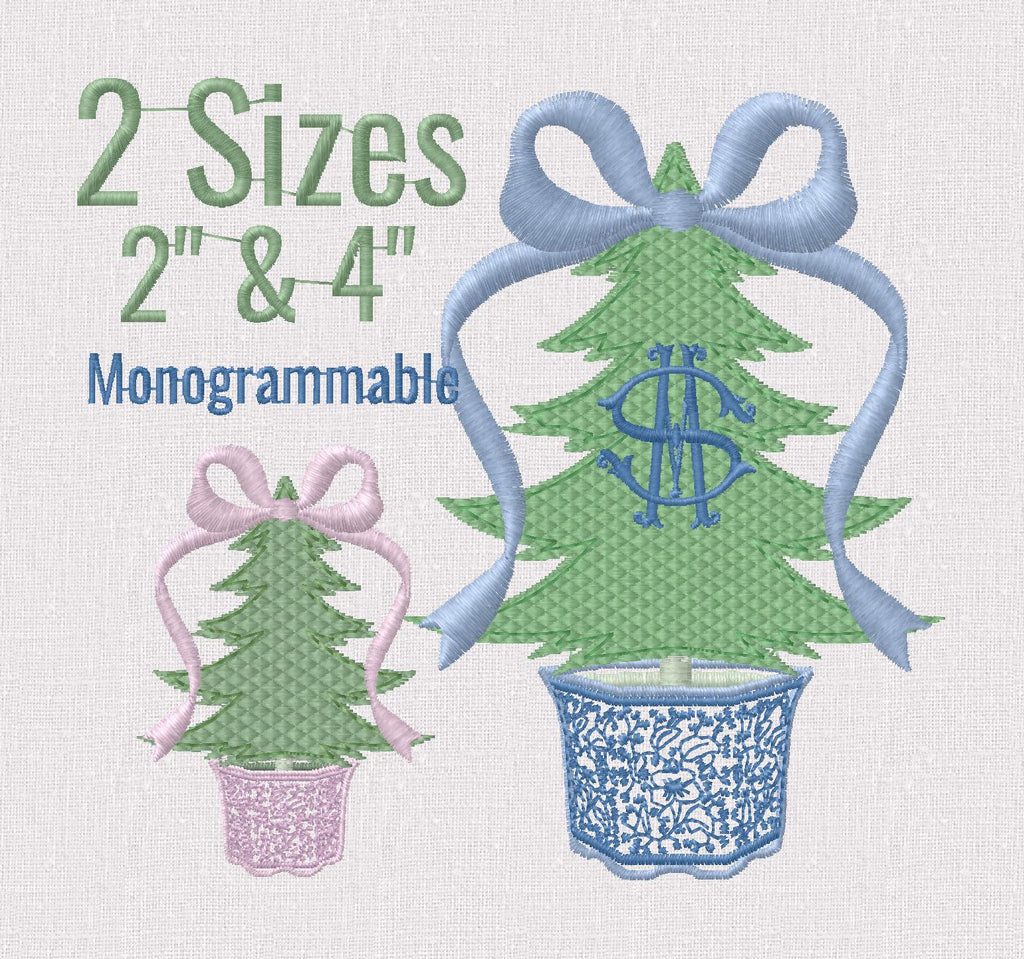 Grandmillennial Quilted Fill Stitch Chinoiserie Coquette Bow Topped Christmas Trees 2 Sizes Embroidery Design