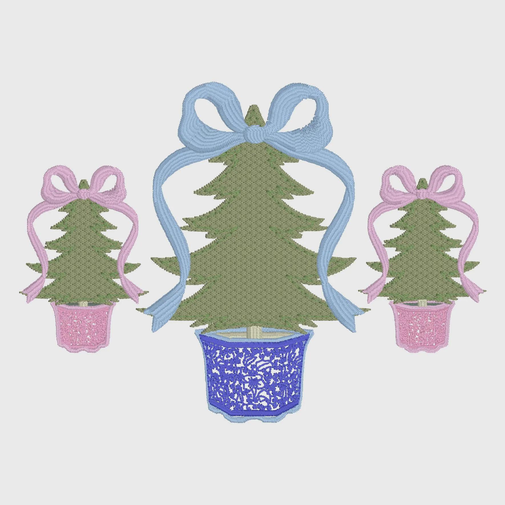 Chinoiserie Christmas Trees Embroidery Design: Coquette Bow Topped (10 Formats)