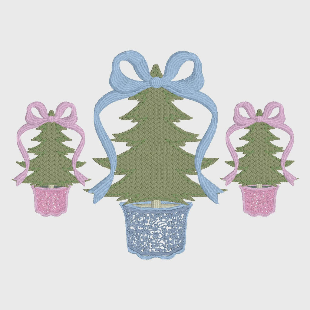 Chinoiserie Christmas Trees Embroidery Design: Coquette Bow Topped (10 Formats)