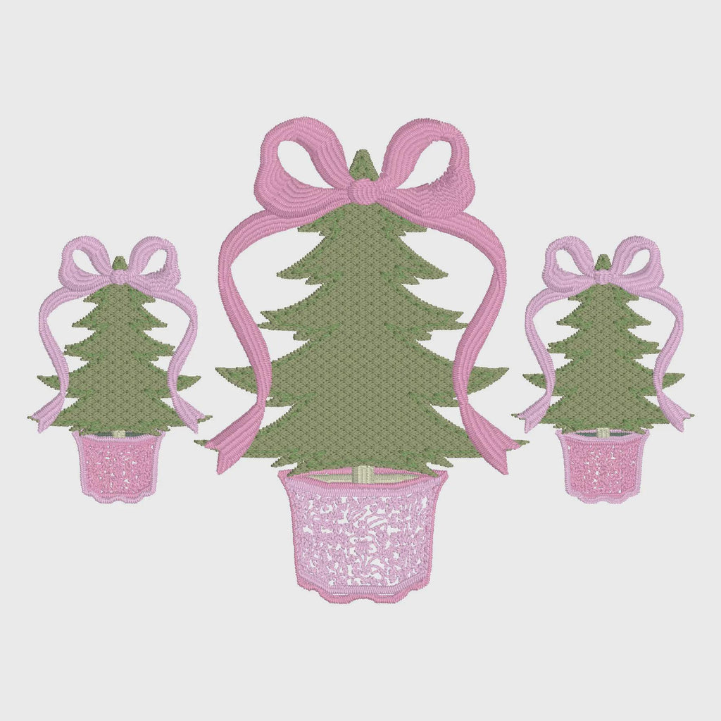 Chinoiserie Christmas Trees Embroidery Design: Coquette Bow Topped (10 Formats)