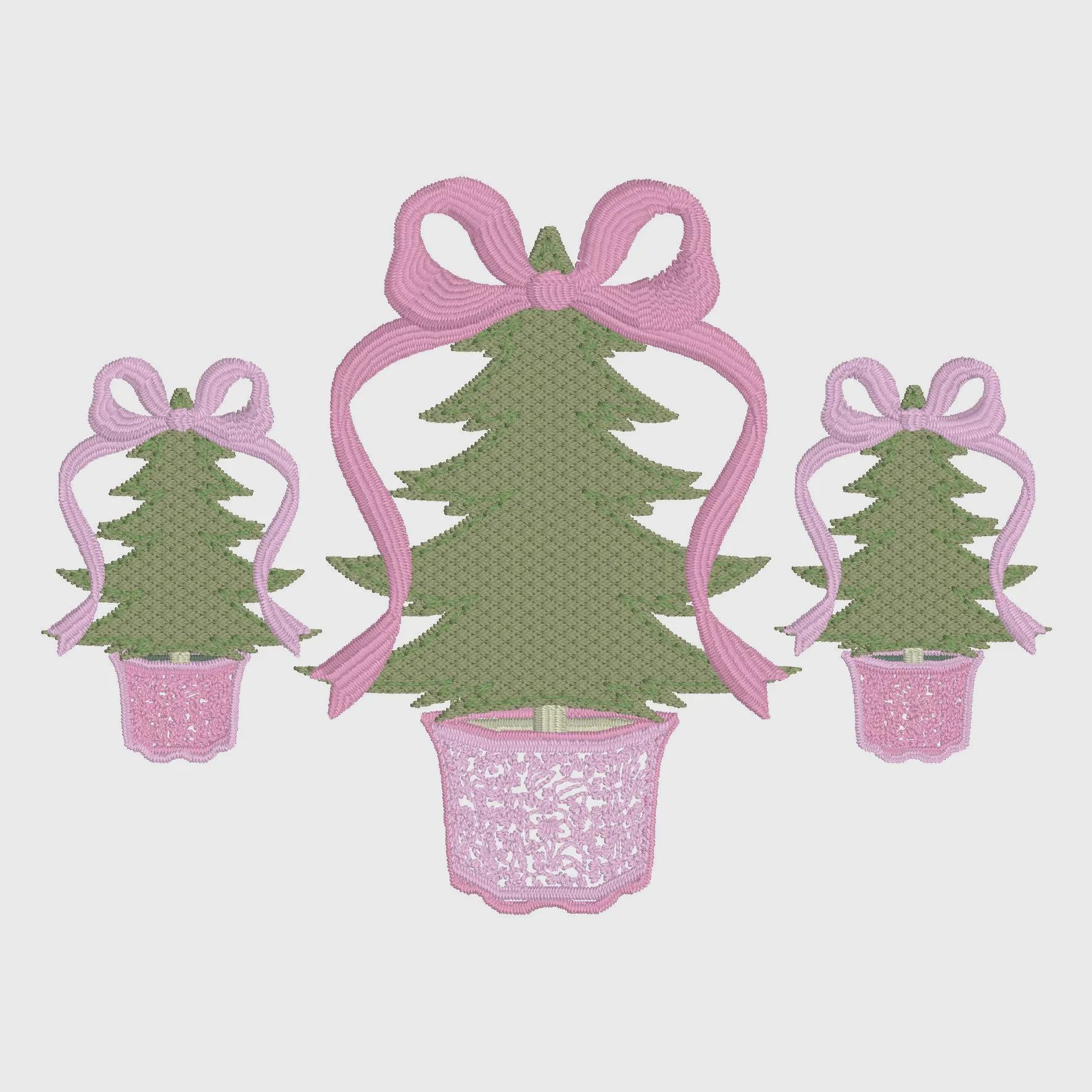 Chinoiserie Christmas Trees Embroidery Design: Coquette Bow Topped (10 Formats)