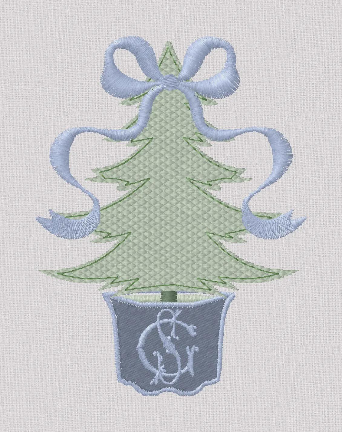 2 Sizes Bow Topped Christmas Tree Monogram Frame Embroidery Design: 4" & 5", 10 Formats