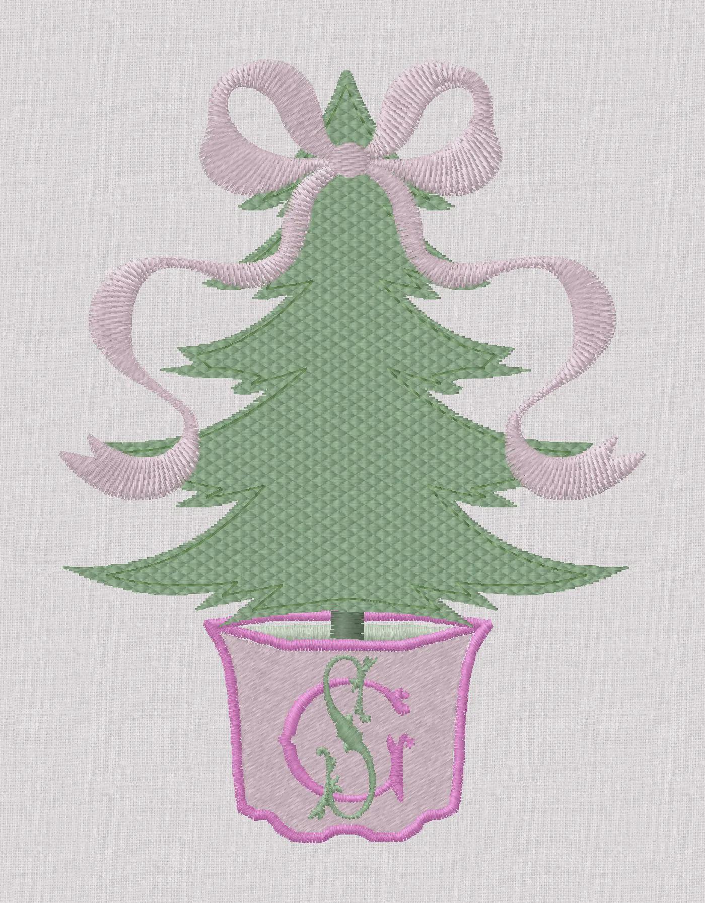 2 Sizes Bow Topped Christmas Tree Monogram Frame Embroidery Design: 4" & 5", 10 Formats