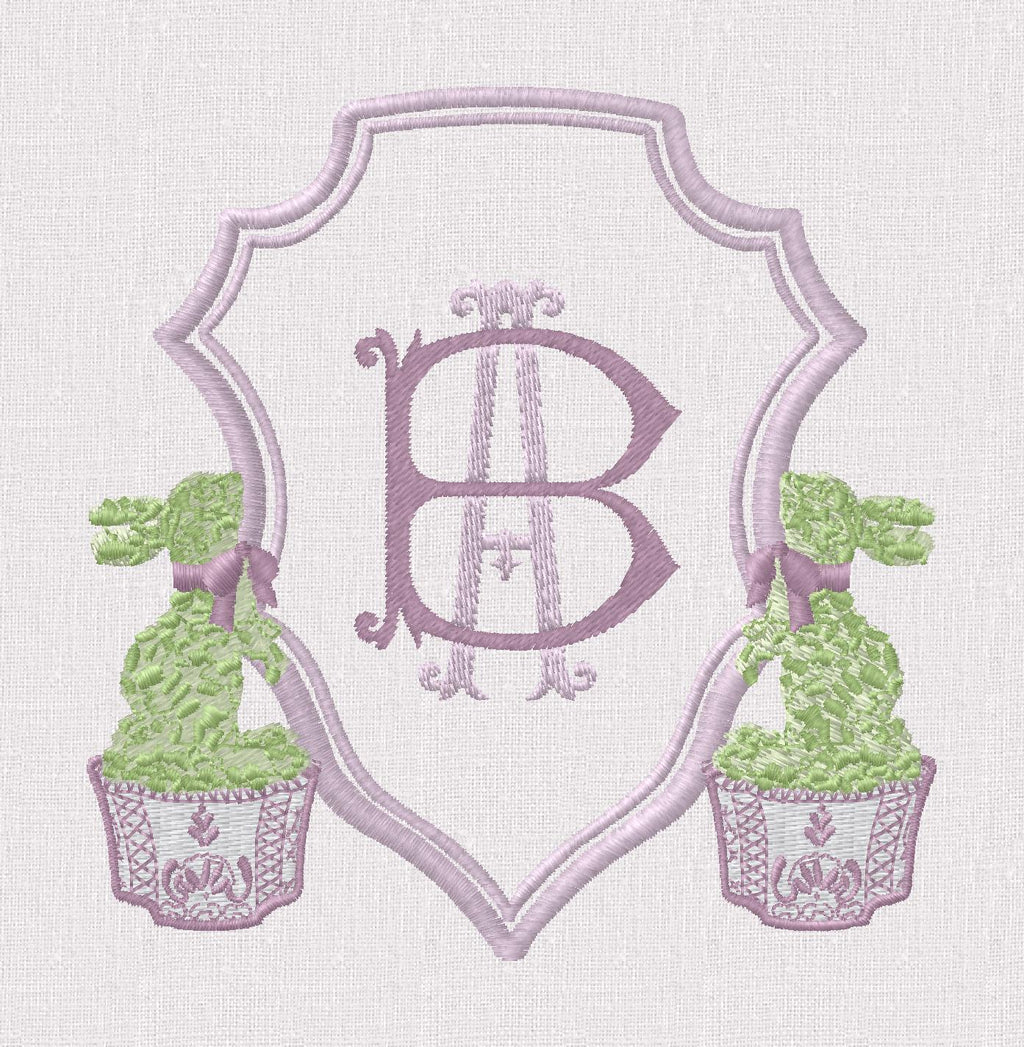 Chinoiserie Bunny Topiary Crest Embroidery File: Fits 4x4 Hoop, 9 Stitch Files