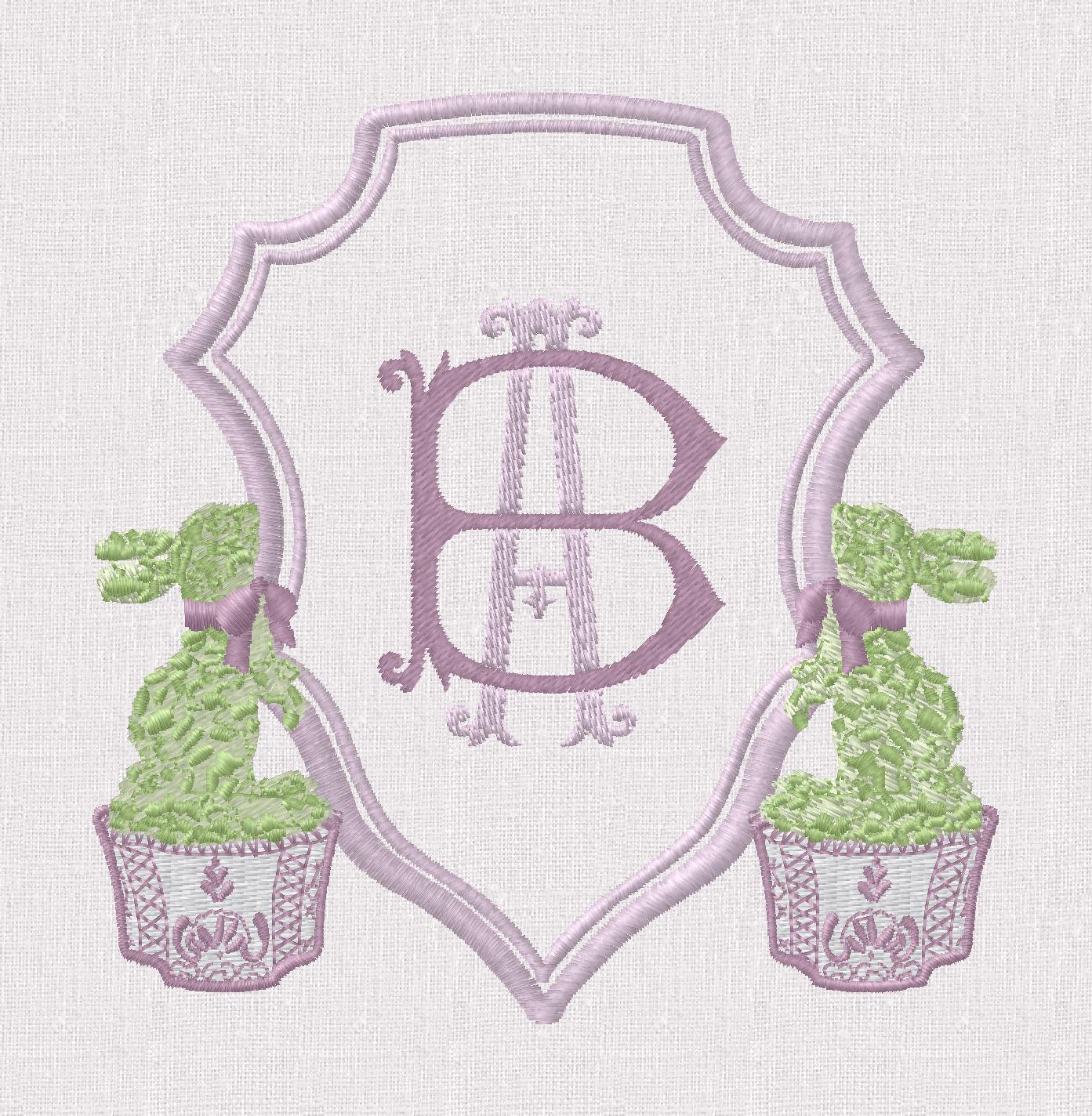 Chinoiserie Bunny Topiary Crest Embroidery File: Fits 4x4 Hoop, 9 Stitch Files