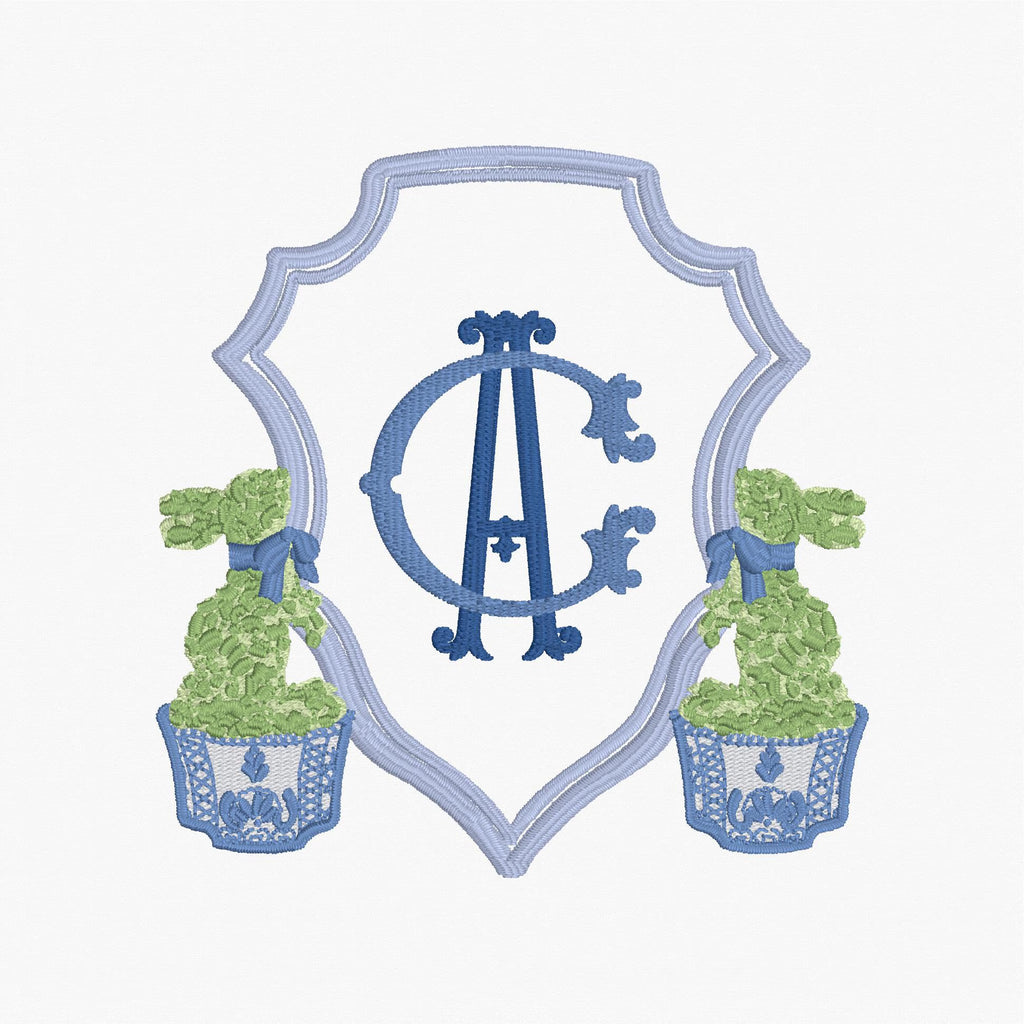 Chinoiserie Bunny Topiary Crest Embroidery File: Fits 4x4 Hoop, 9 Stitch Files