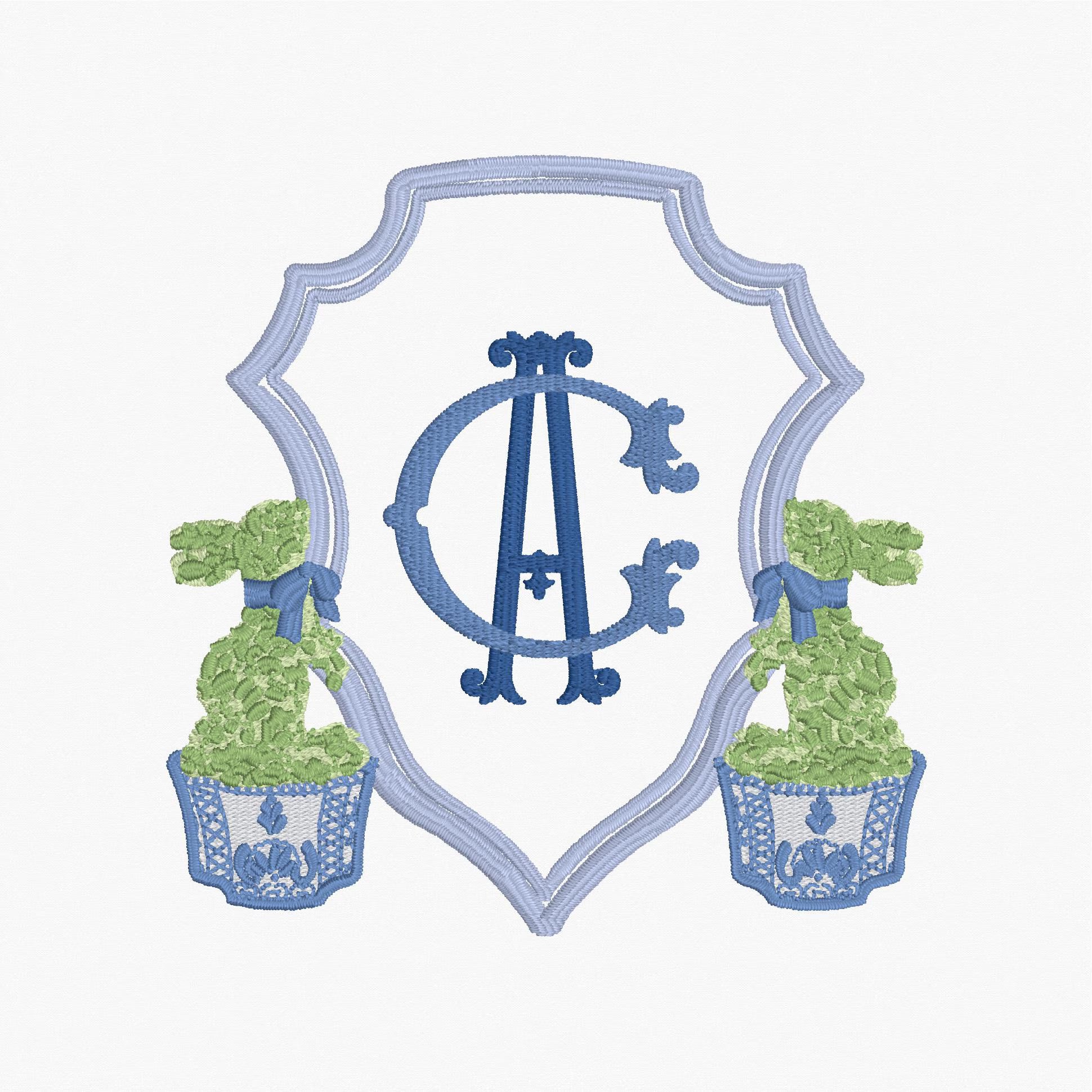 Chinoiserie Bunny Topiary Crest Embroidery File: Fits 4x4 Hoop, 9 Stitch Files