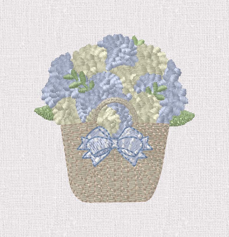 Hydrangea Basket Embroidery Design: 2 inch Grandmillennial Stitch File (10 File Formats)