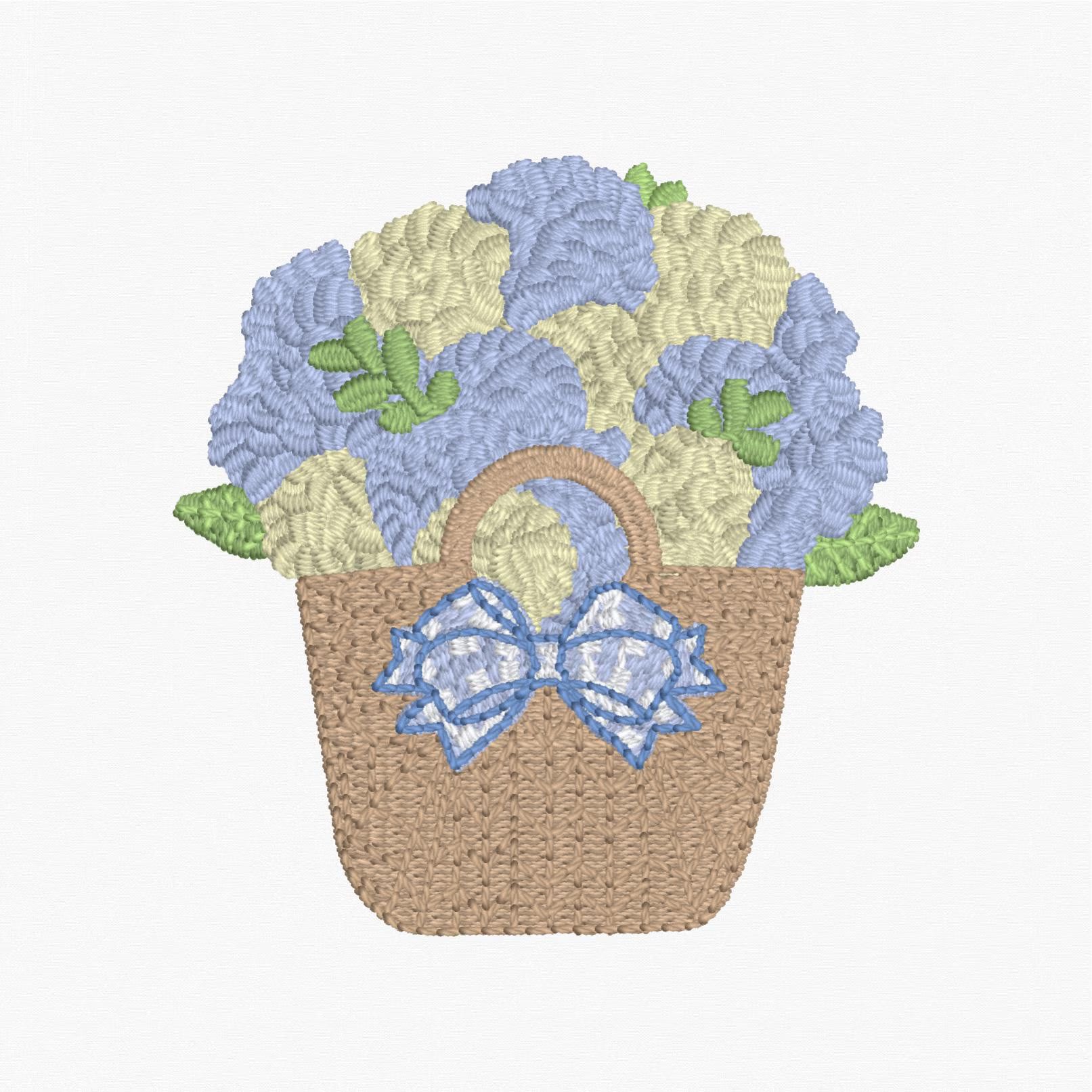 Hydrangea Basket Embroidery Design: 2 inch Grandmillennial Stitch File (10 File Formats)