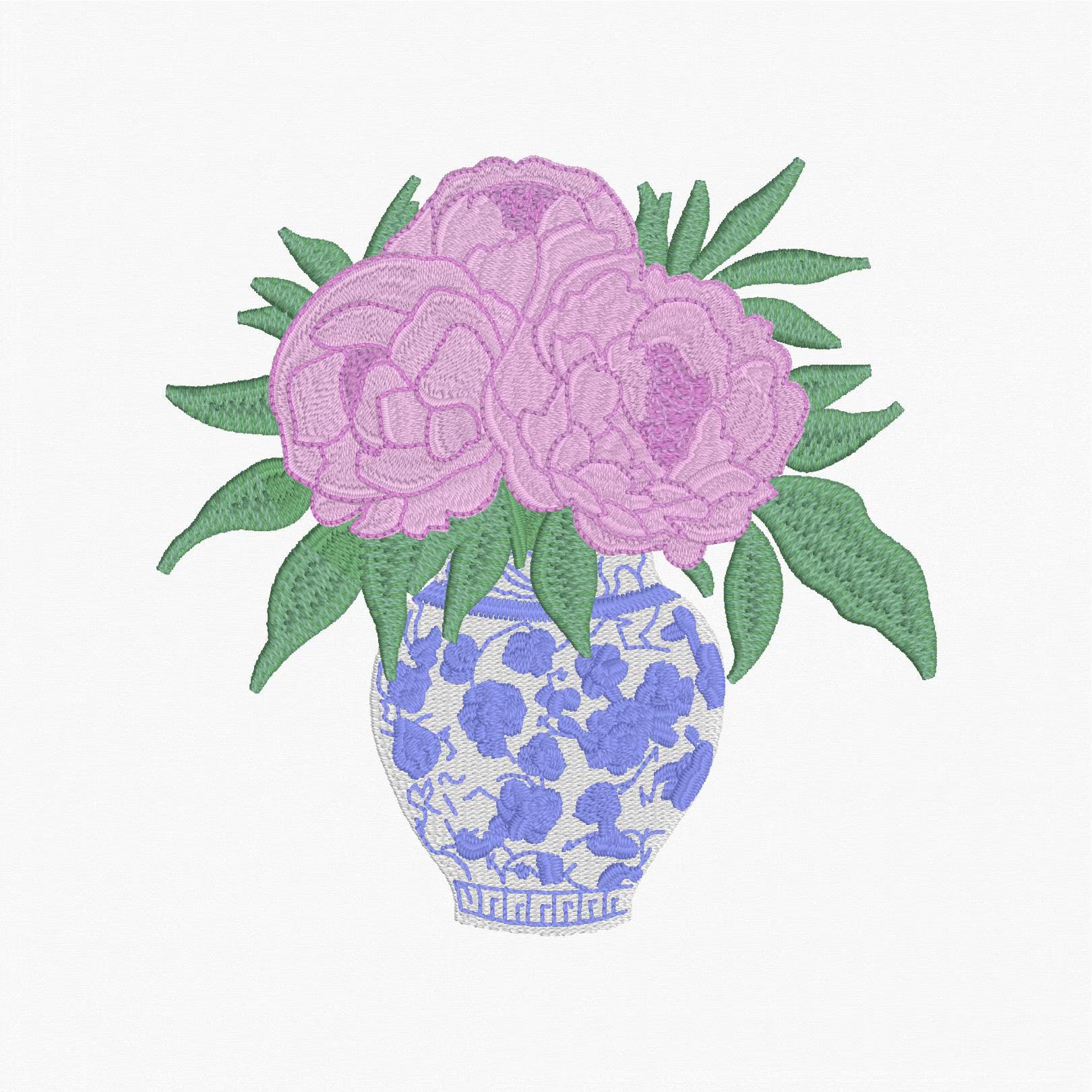 Chinoiserie Ginger Jar Flower Vase Embroidery File: 4 inches, 9 Stitch Formats