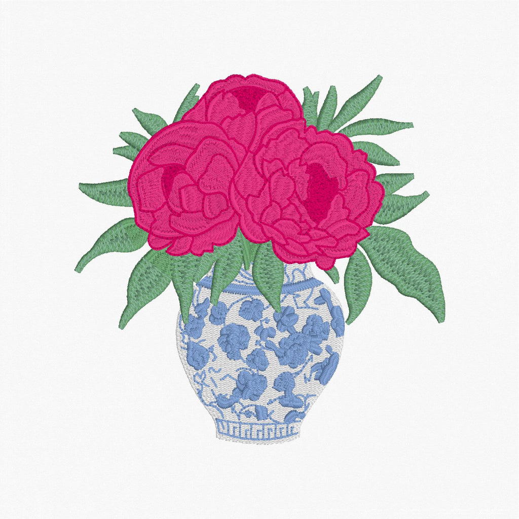 Chinoiserie Ginger Jar Flower Vase Embroidery File: 4 inches, 9 Stitch Formats