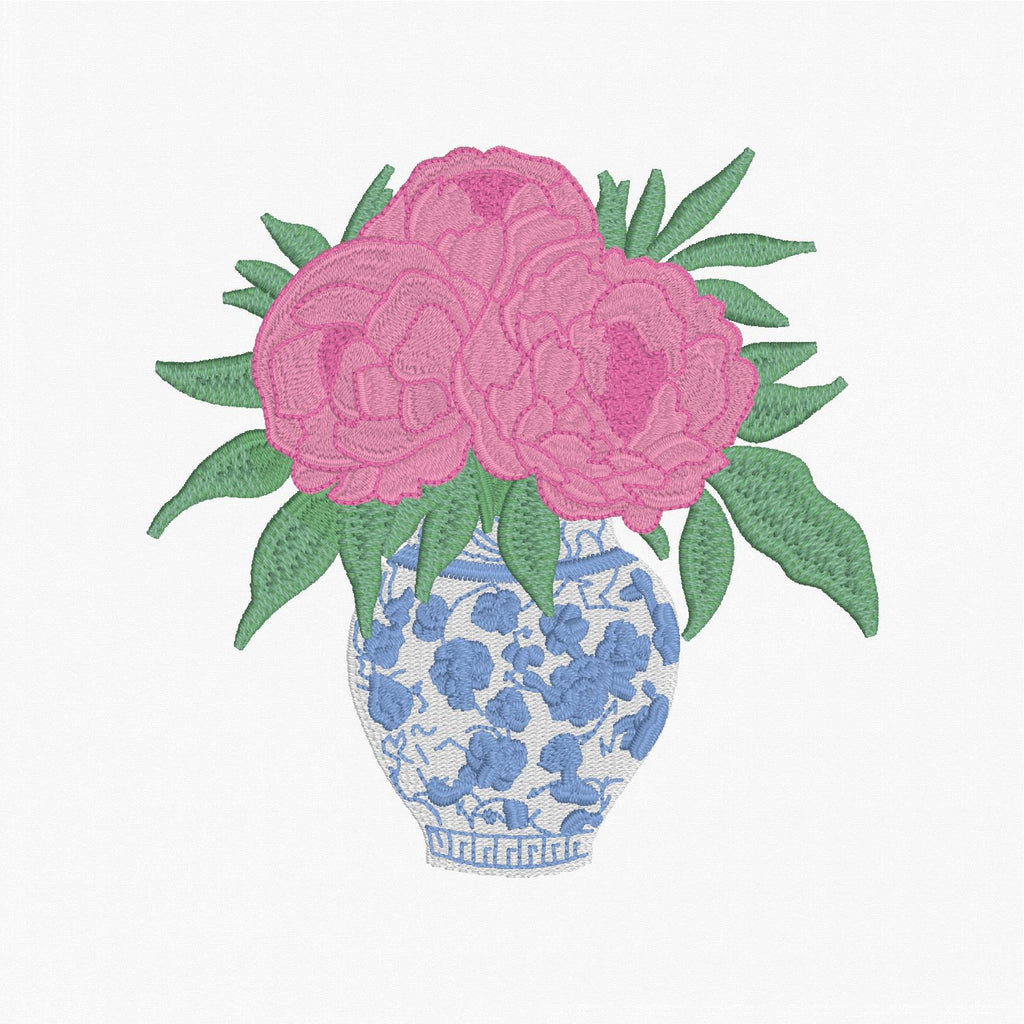 Chinoiserie Ginger Jar Flower Vase Embroidery File: 4 inches, 9 Stitch Formats