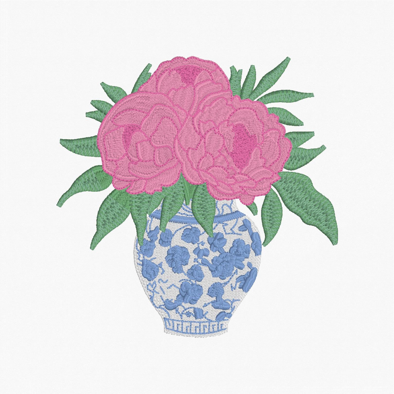 Chinoiserie Ginger Jar Flower Vase Embroidery File: 4 inches, 9 Stitch Formats