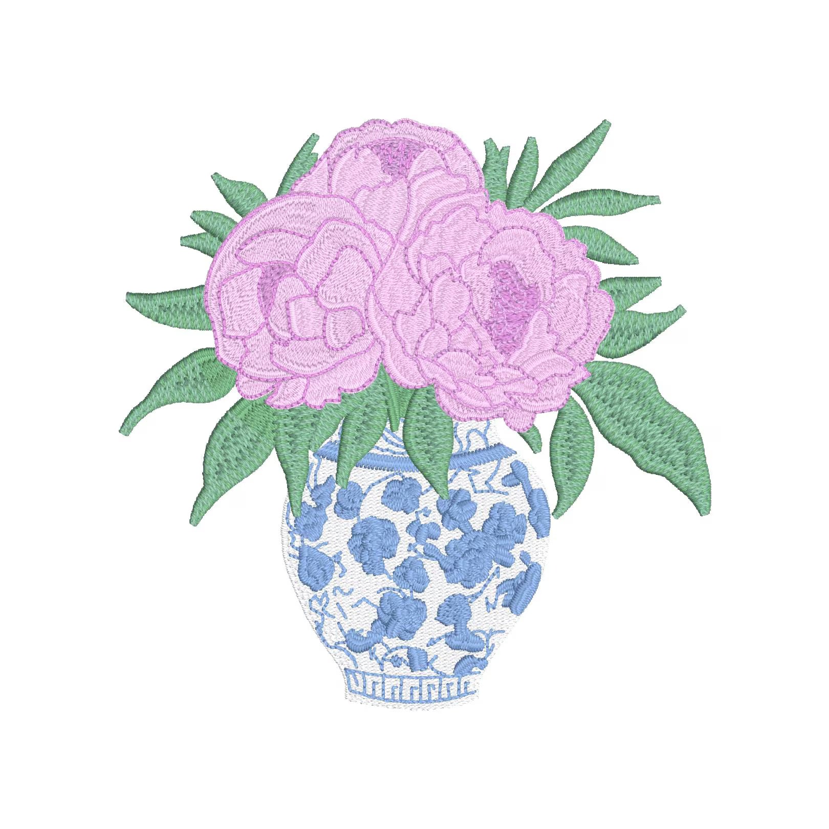 Chinoiserie Ginger Jar Flower Vase Embroidery File: 4 inches, 9 Stitch Formats