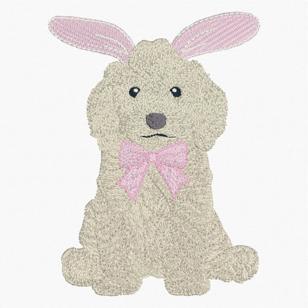 Easter Golden Doodle Embroidery Design: 9 Stitch Files, Puppy Dog with Bunny Ears and Bow