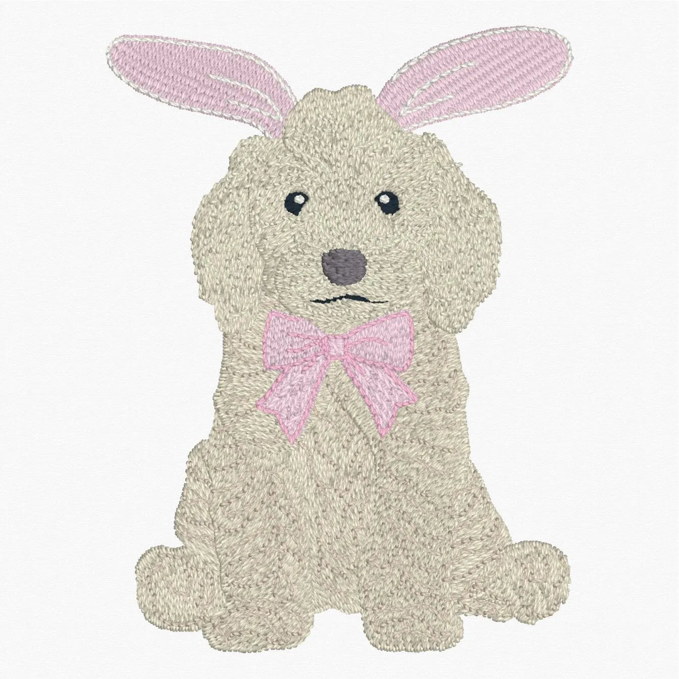 Easter Golden Doodle Embroidery Design: 9 Stitch Files, Puppy Dog with Bunny Ears and Bow