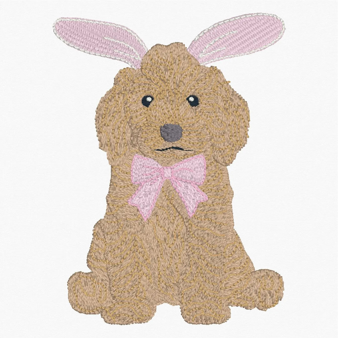 Easter Golden Doodle Embroidery Design: 9 Stitch Files, Puppy Dog with Bunny Ears and Bow
