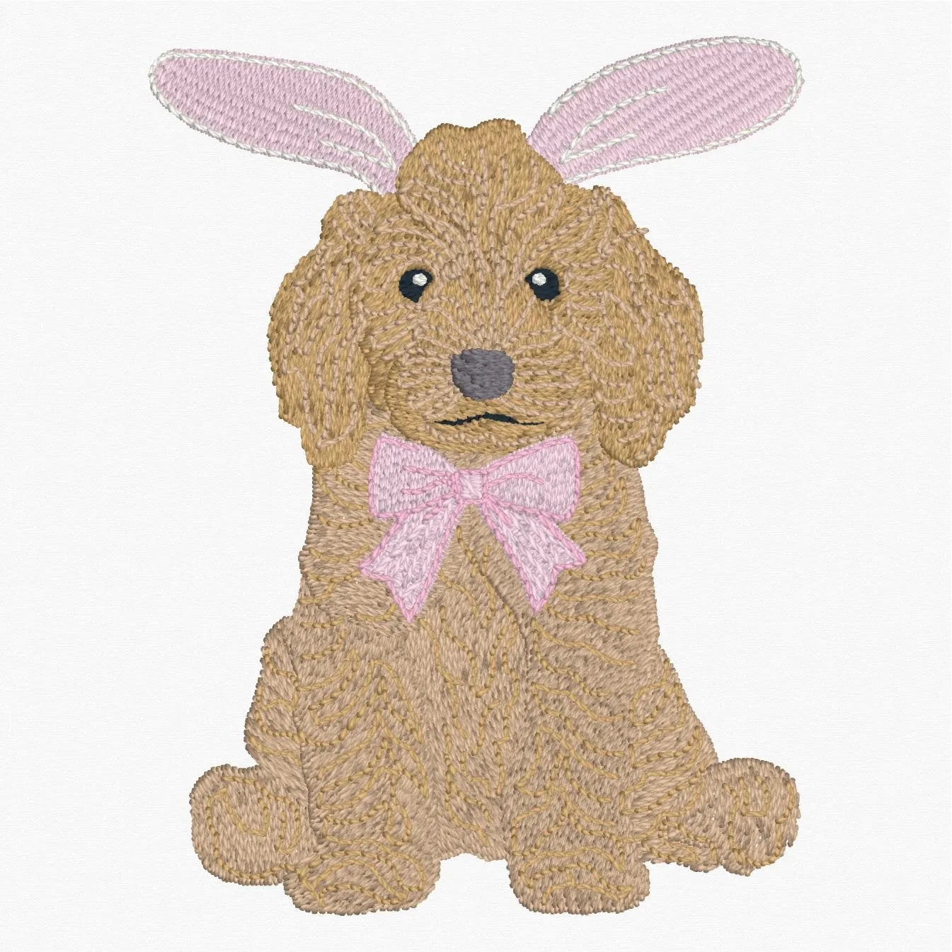 Easter Golden Doodle Embroidery Design: 9 Stitch Files, Puppy Dog with Bunny Ears and Bow