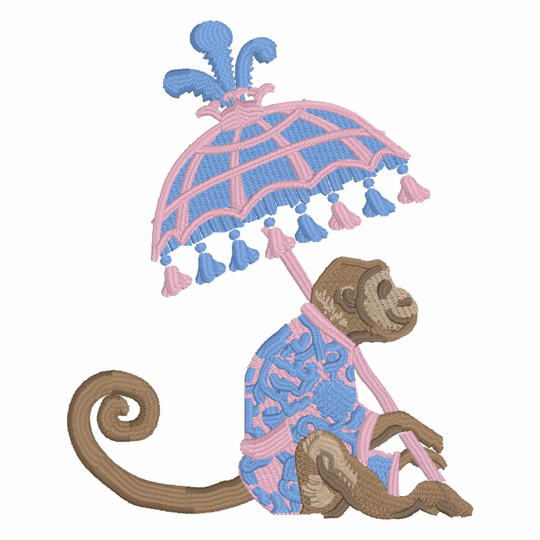 Chinoiserie Monkey Embroidery Design: Parasol Umbrella (9 Formats - Instant Download)