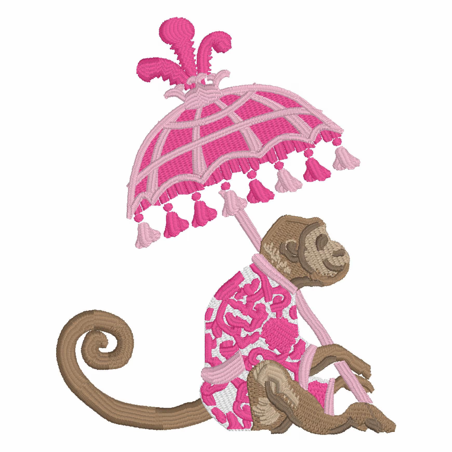 Chinoiserie Monkey Embroidery Design: Parasol Umbrella (9 Formats - Instant Download)