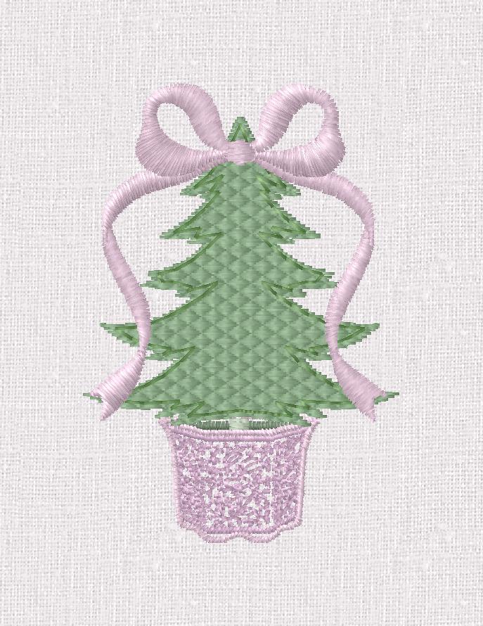 Grandmillennial Quilted Fill Stitch Chinoiserie Coquette Bow Topped Christmas Trees 2 Sizes Embroidery Design