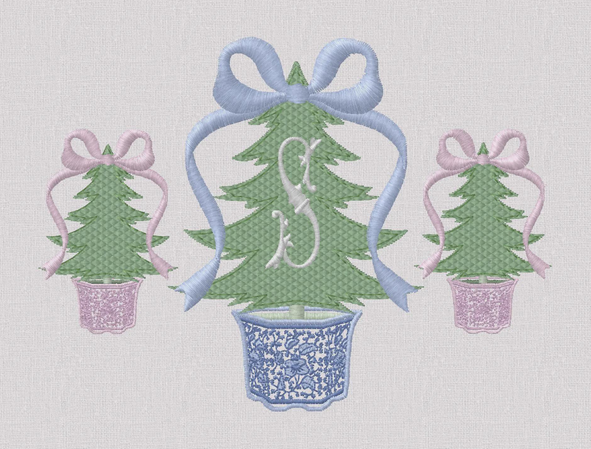 Chinoiserie Christmas Trees Embroidery Design: Coquette Bow Topped (10 Formats)
